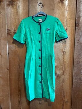 Vintage 80s does 40s VLP Petites Green Button Front Dress ILGWU Linen Look